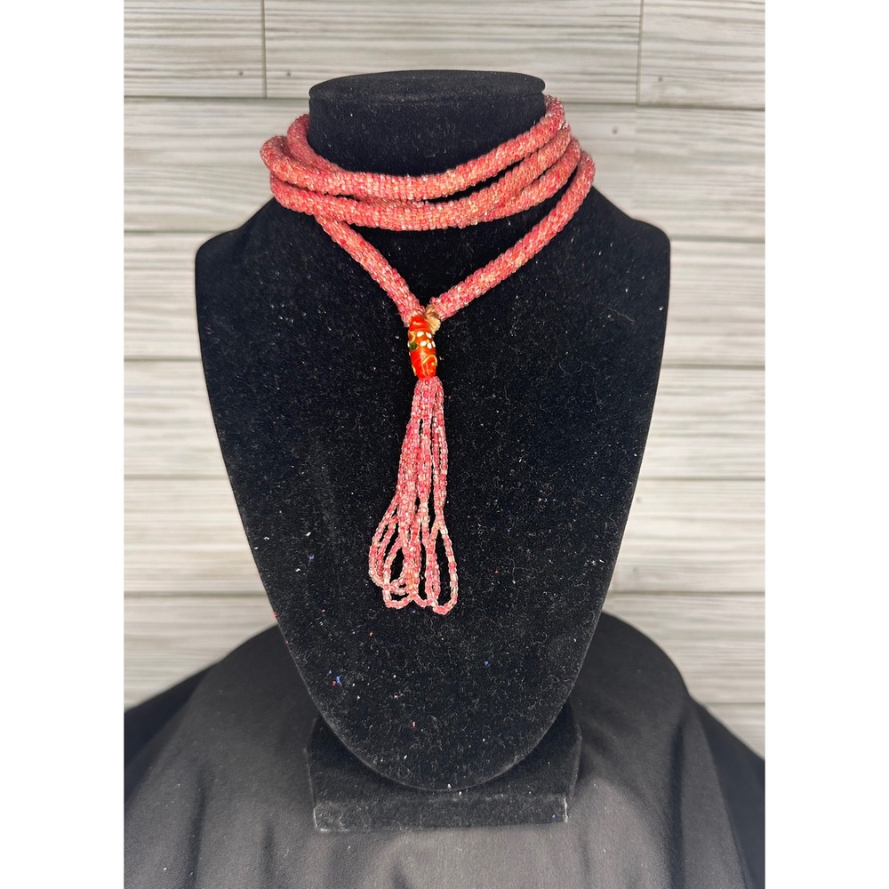 Red Seed Bead Vintage Necklace Women Pink Excellent Tassel Lariat Boho Artisan